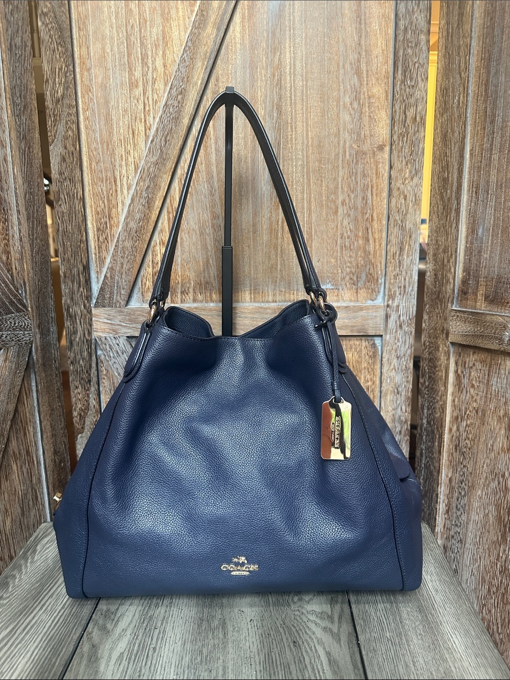 Coach 33547 Navy Blue Edie Pebbled Leather Shoulder Bag with Gold Hardware & Tag
